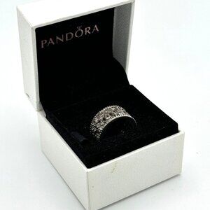 PANDORA Shimmering Leaves ring size 5.25 sterling silver clear CZ 10mm wide band